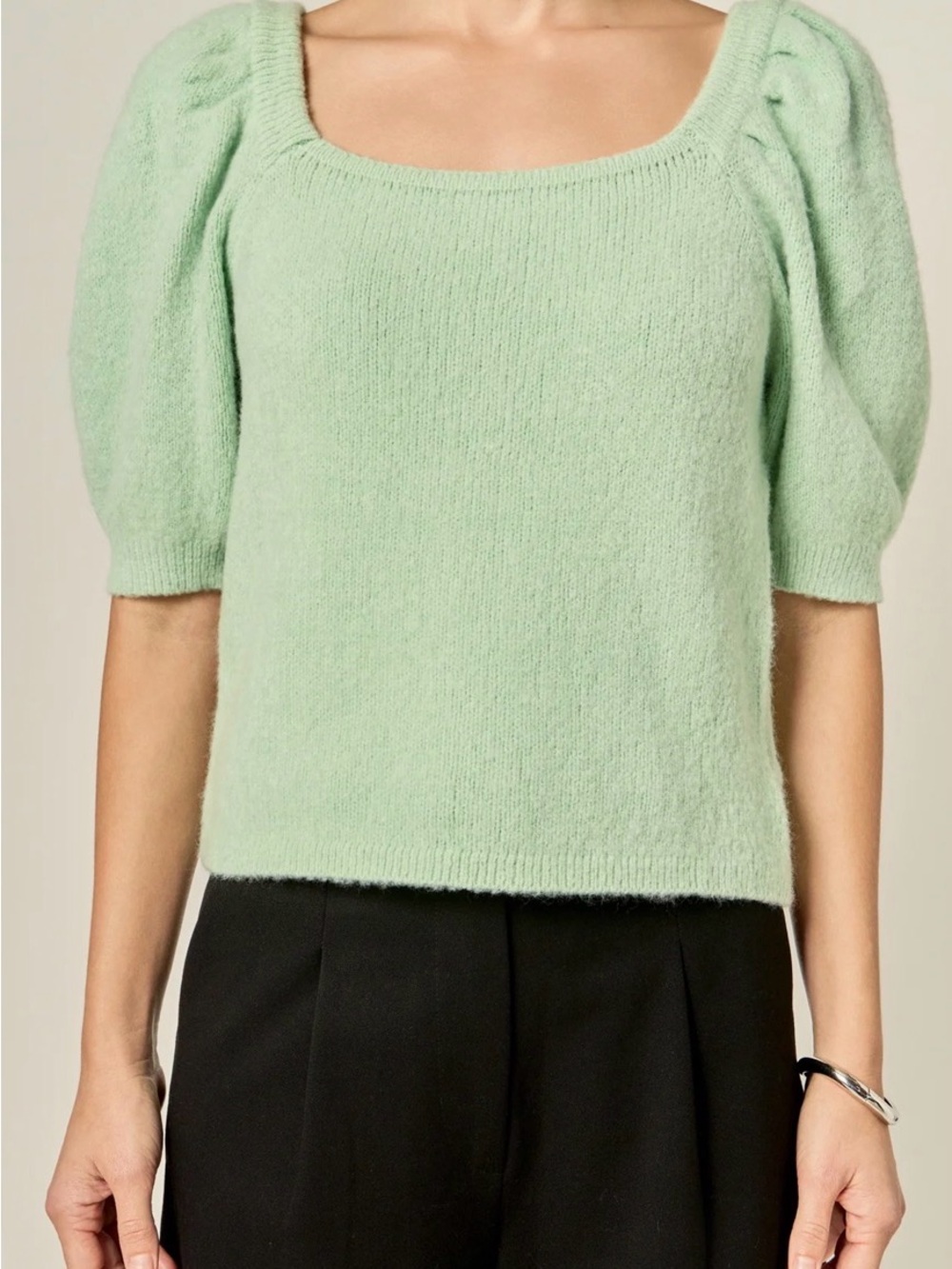 NEW English Factory Mint Green Square Neck Puff Sleeve Sweater